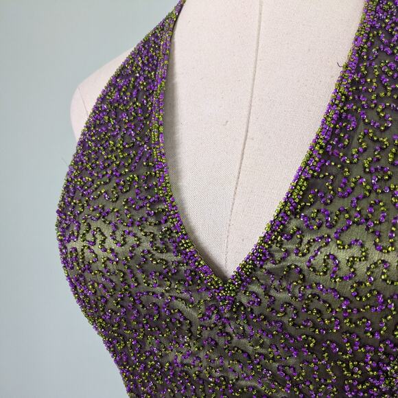 Je Matadi Prom Dress Maxi Gown 8 Purple Green Silk Bead Pageant Glam Train Y2K - Picture 6 of 16